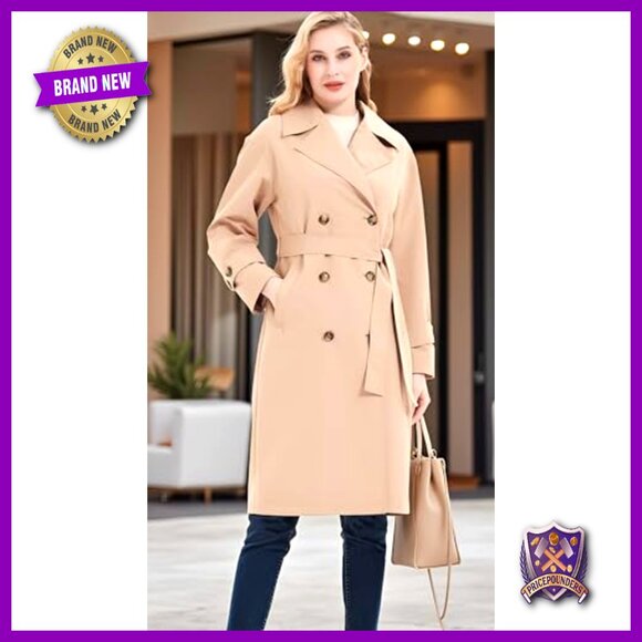 Double-Breasted Trench Coat Water Resistant Loose Fit Oversized Classic Elegant - Picture 2 of 7